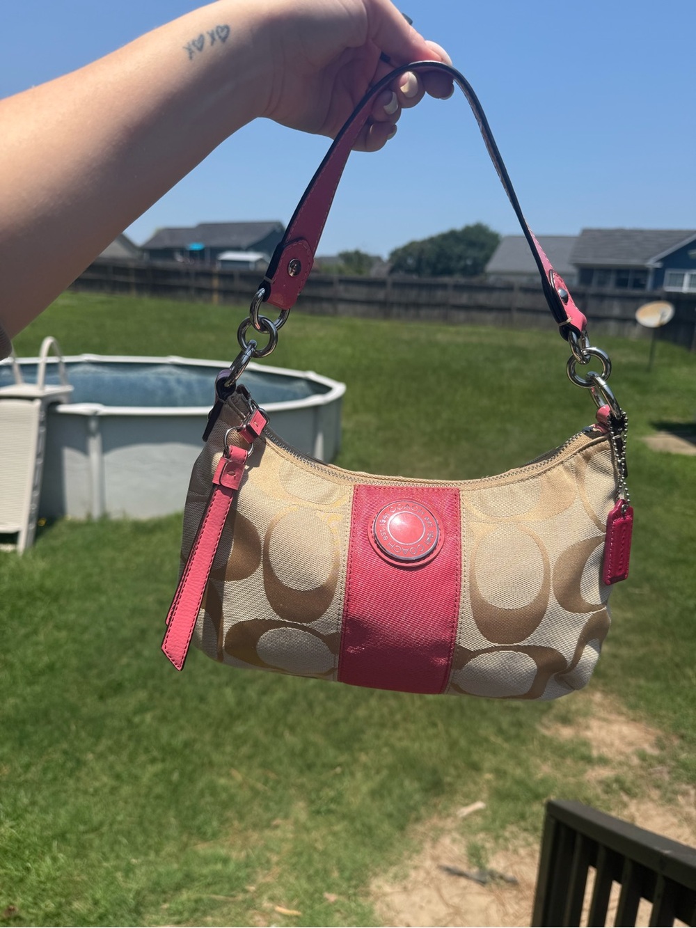 Coach Signature Small Hobo Bag in Khaki & Pink